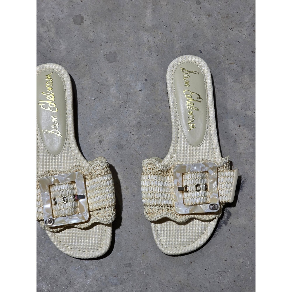 Sam Edelman Bay 23 Raffia Slide Sandals Cream Buckle Square Toe Flat Slides 8